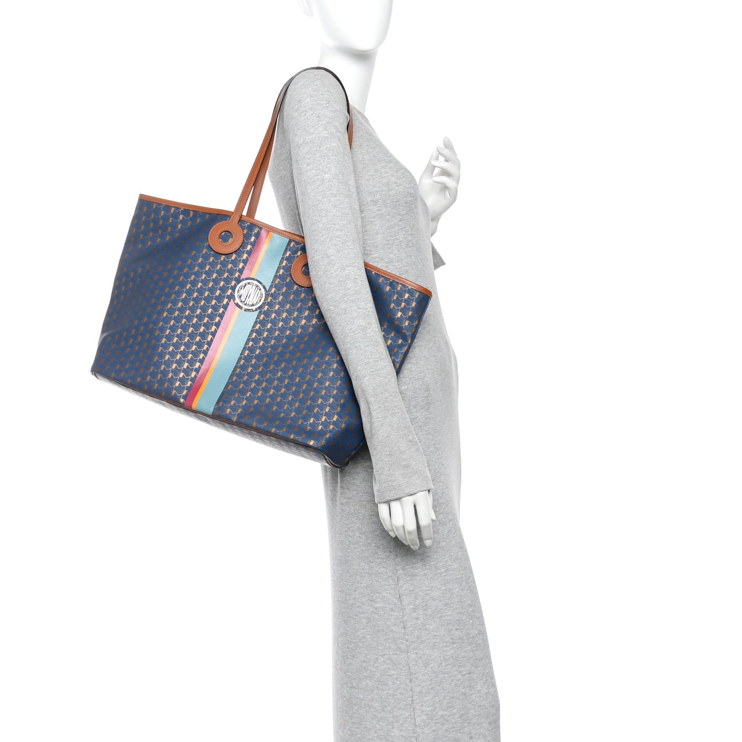 Moynat Canvas 1920 Calfskin Oh! Tote Ruban GM Indigo Bronze Cognac 2 of 10
