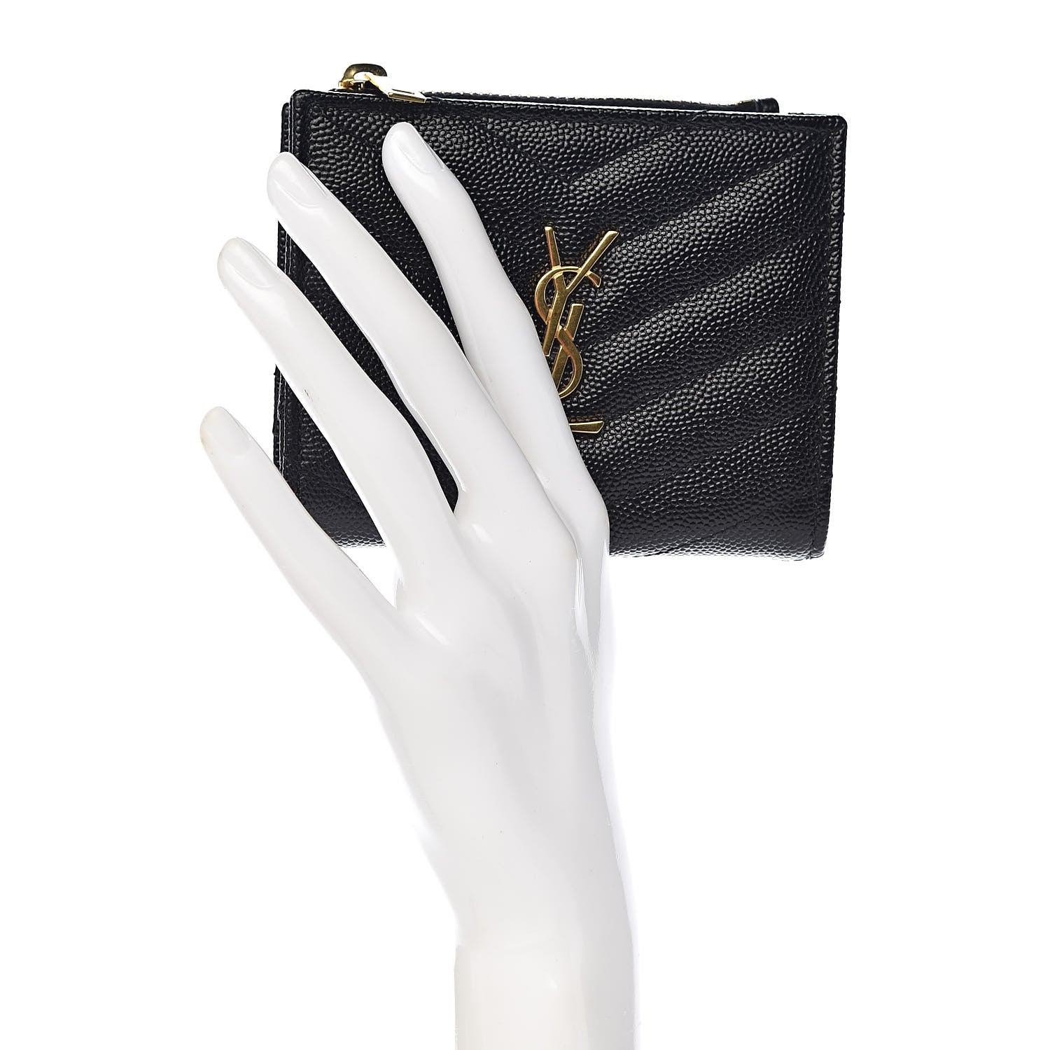 Saint Laurent Grain De Poudre Matelasse Chevron Monogram Zipped Card Case Black 2 of 8