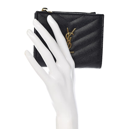Saint Laurent Grain De Poudre Matelasse Chevron Monogram Zipped Card Case Black 2 of 8