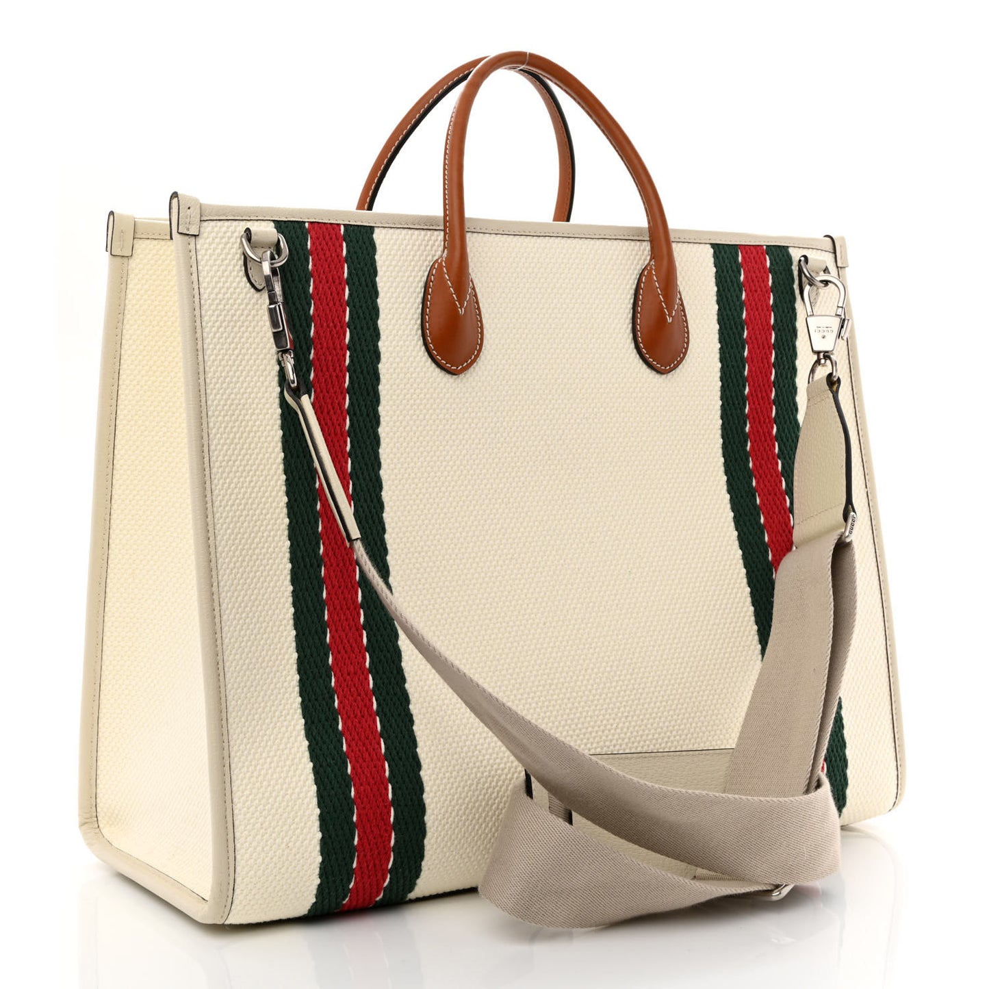 Canvas Web Embroidered Interlocking G Tote Light Beige Mystic White Green Red