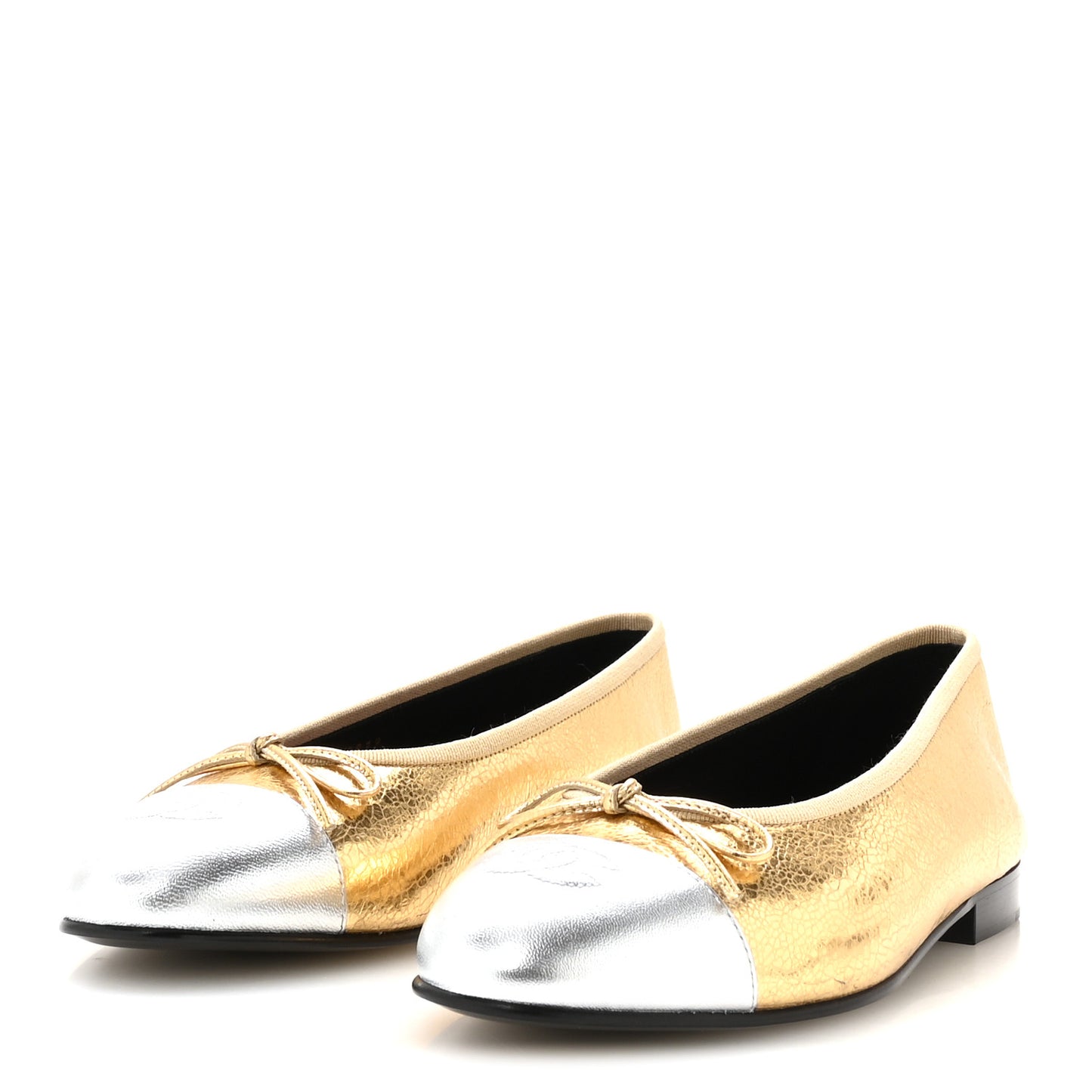 Metallic Crackled Laminated Calfskin CC Cap Toe Ballerina Flats 37.5 Gold Silver