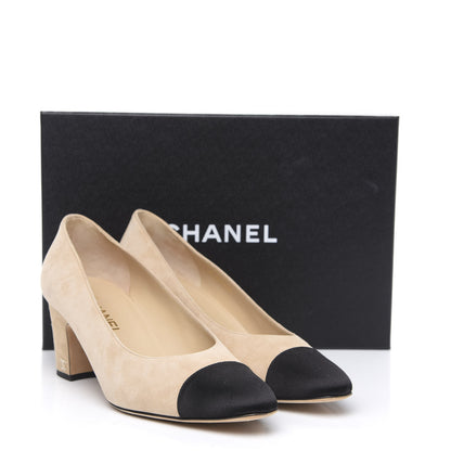 Chanel Suede Satin Cap Toe Low Heel Pumps 40 Beige Black 10 of 10