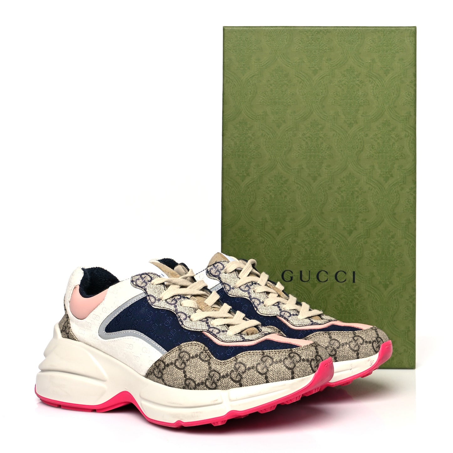GG Supreme Monogram Mix Monogram Womens Rhyton Sneakers 40 London Blue Beige Pale Pink