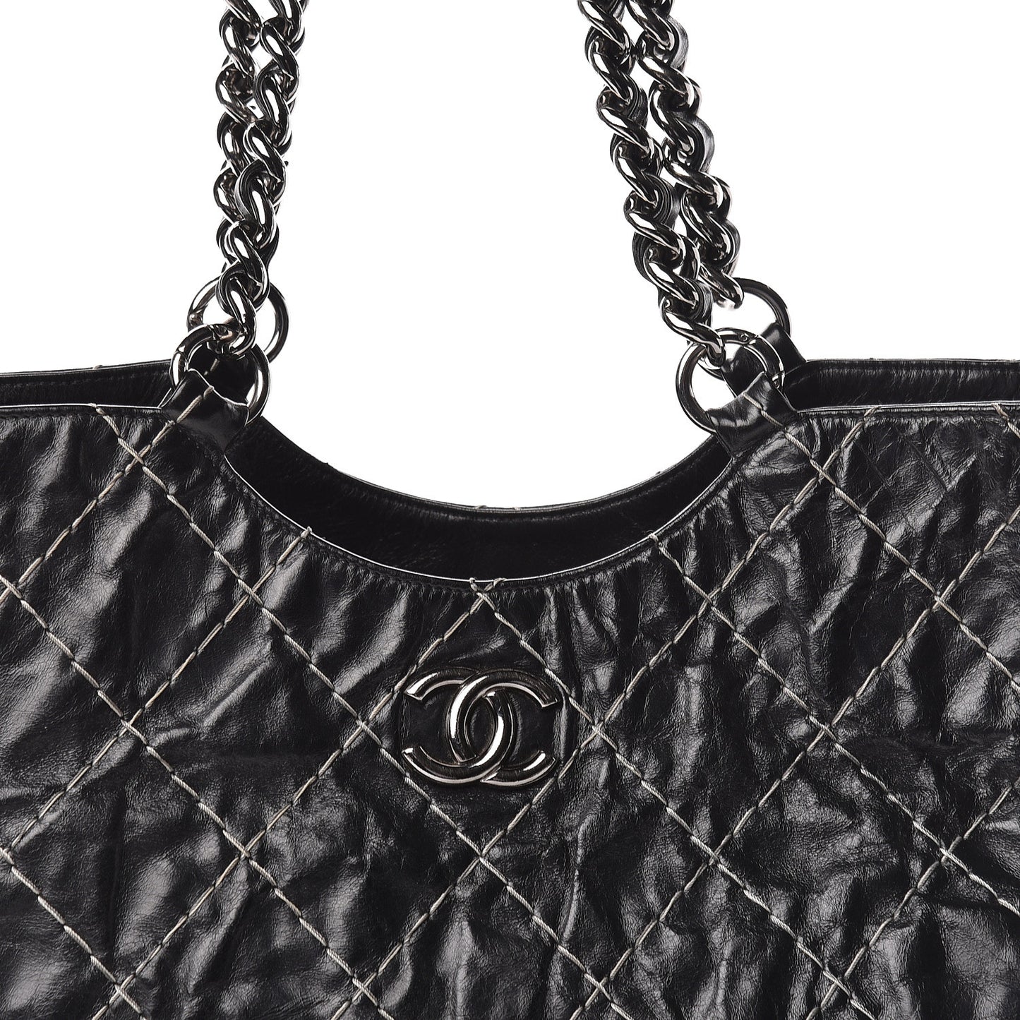 Glazed Goatskin Double Contrast Stitch Tote Black
