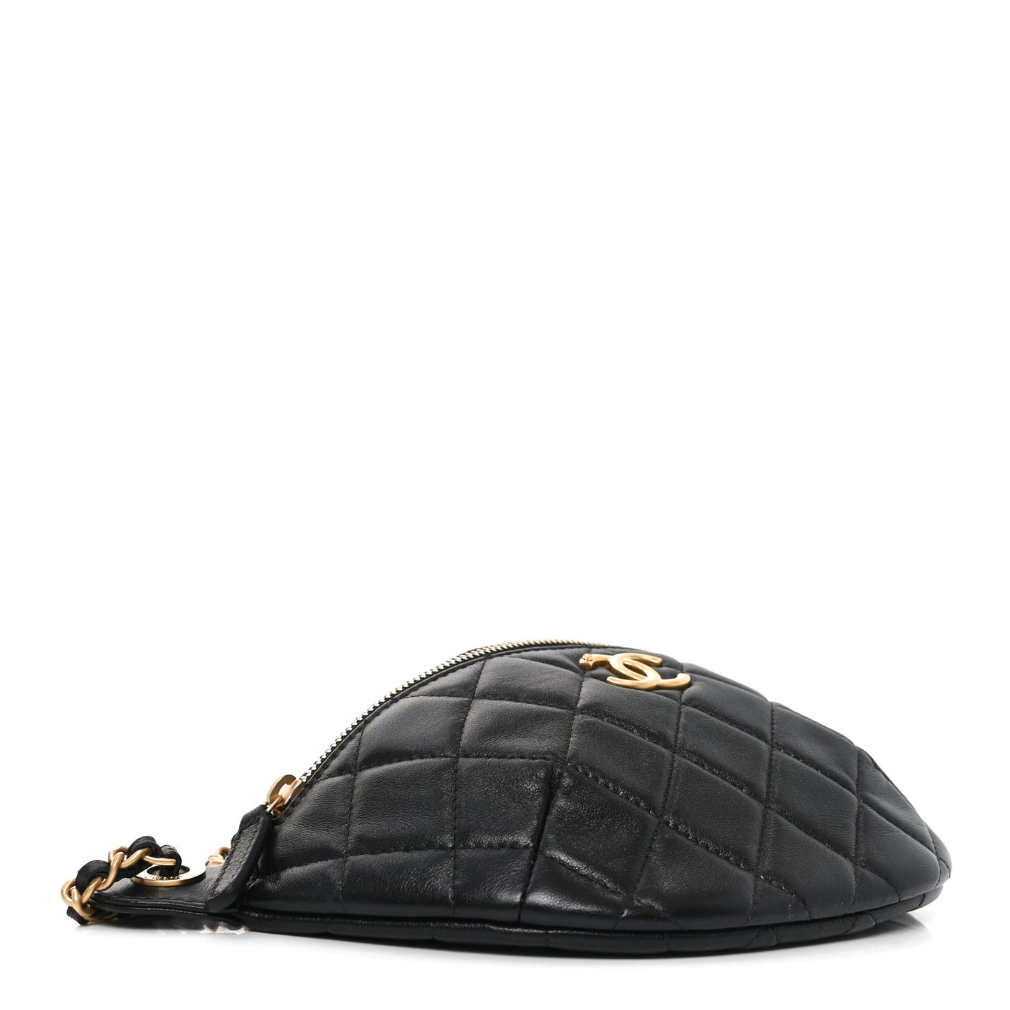 Shiny Lambskin Quilted CC Slide Waist Bag Fanny Pack Black