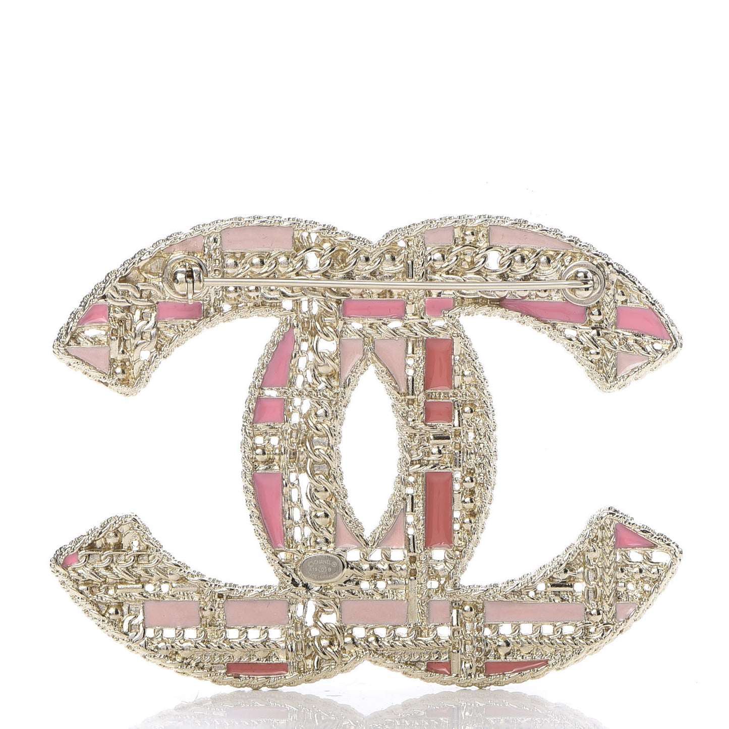 Crystal Pearl CC Tweed Brooch Gold Pink