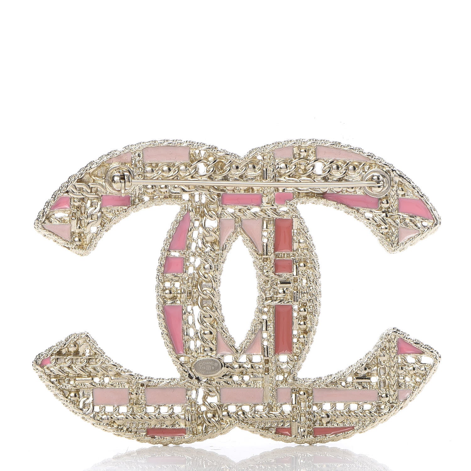 Chanel Crystal Pearl CC Tweed Brooch Gold Pink 3 of 5