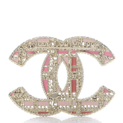 Chanel Crystal Pearl CC Tweed Brooch Gold Pink 3 of 5