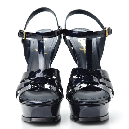 Saint Laurent Pebbled Patent Tribute 105 Platform Sandals 37 Navy Blue 2 of 8