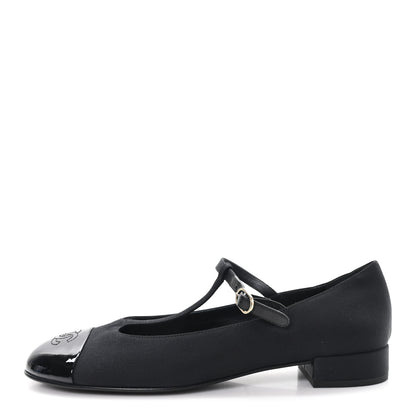 Chanel Grosgrain Patent Calfskin Cap Toe T Strap CC Flats 41 Black 1 of 9