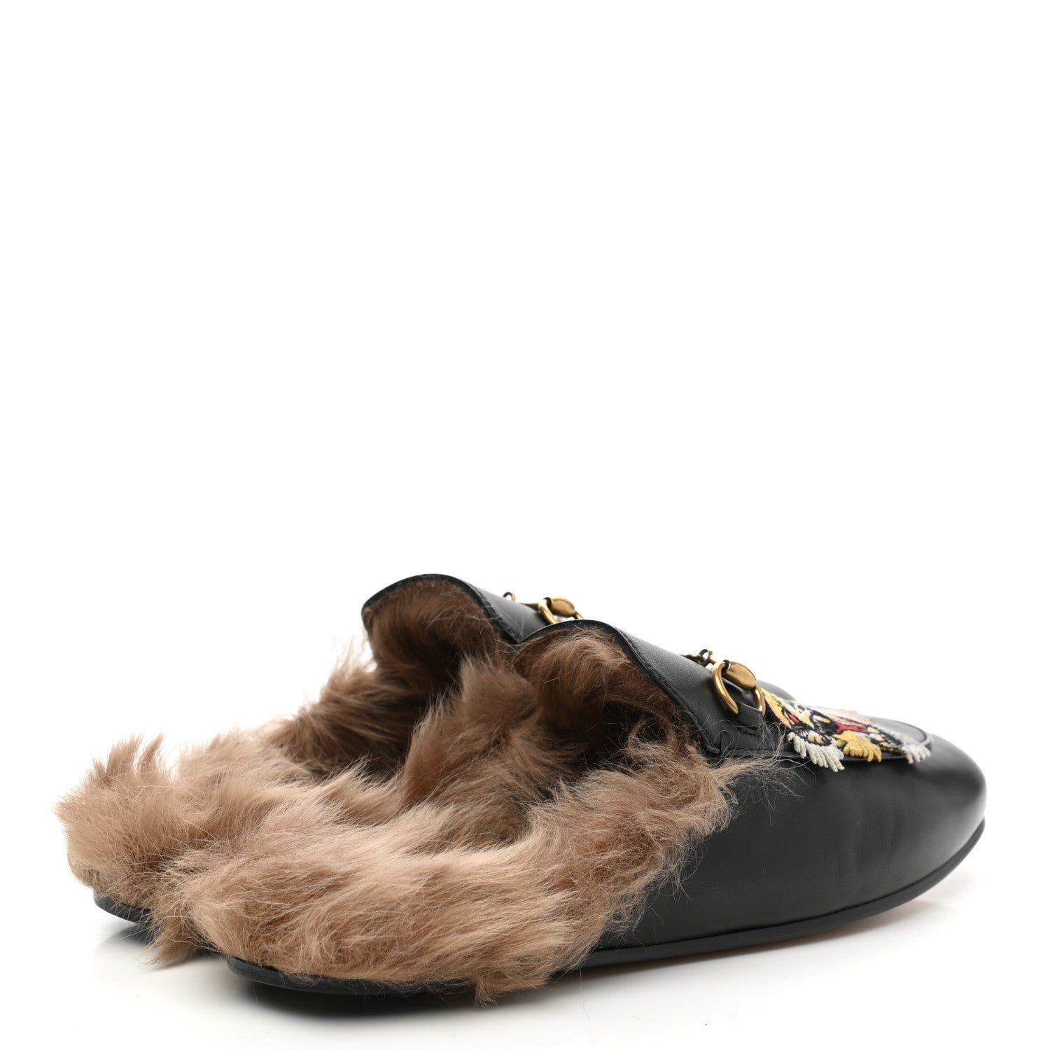Gucci Calfskin Fur Tiger Embroidered Womens Princetown Slippers 37.5 Black 4 of 8