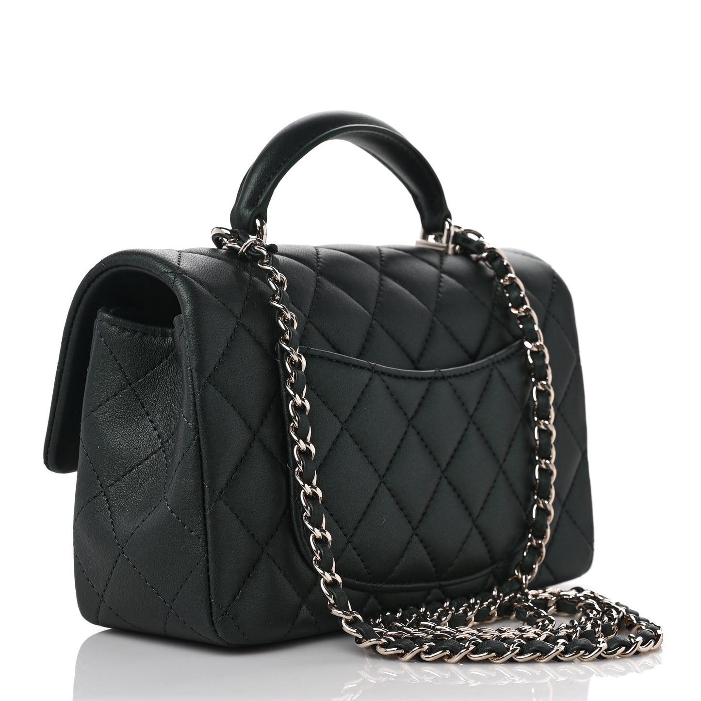 Iridescent Lambskin Quilted Mini Top Handle Rectangular Flap Dark Green