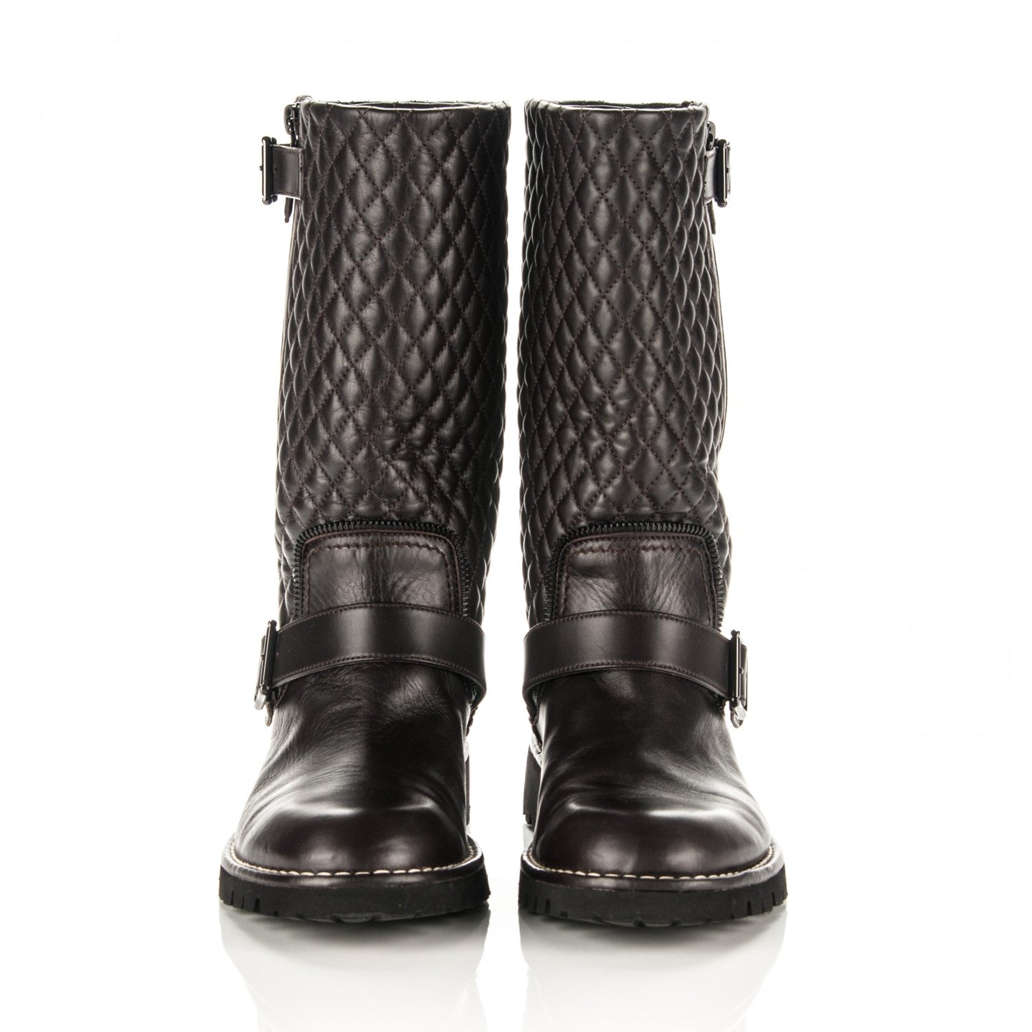 Calfskin Quilted Biker Boots 40 Dark Brown