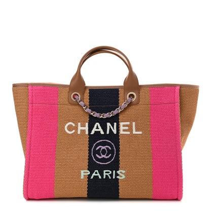 Chanel Straw Raffia Calfskin Striped Large Deauville Tote Dark Beige Fuchsia Navy Blue 1 of 10