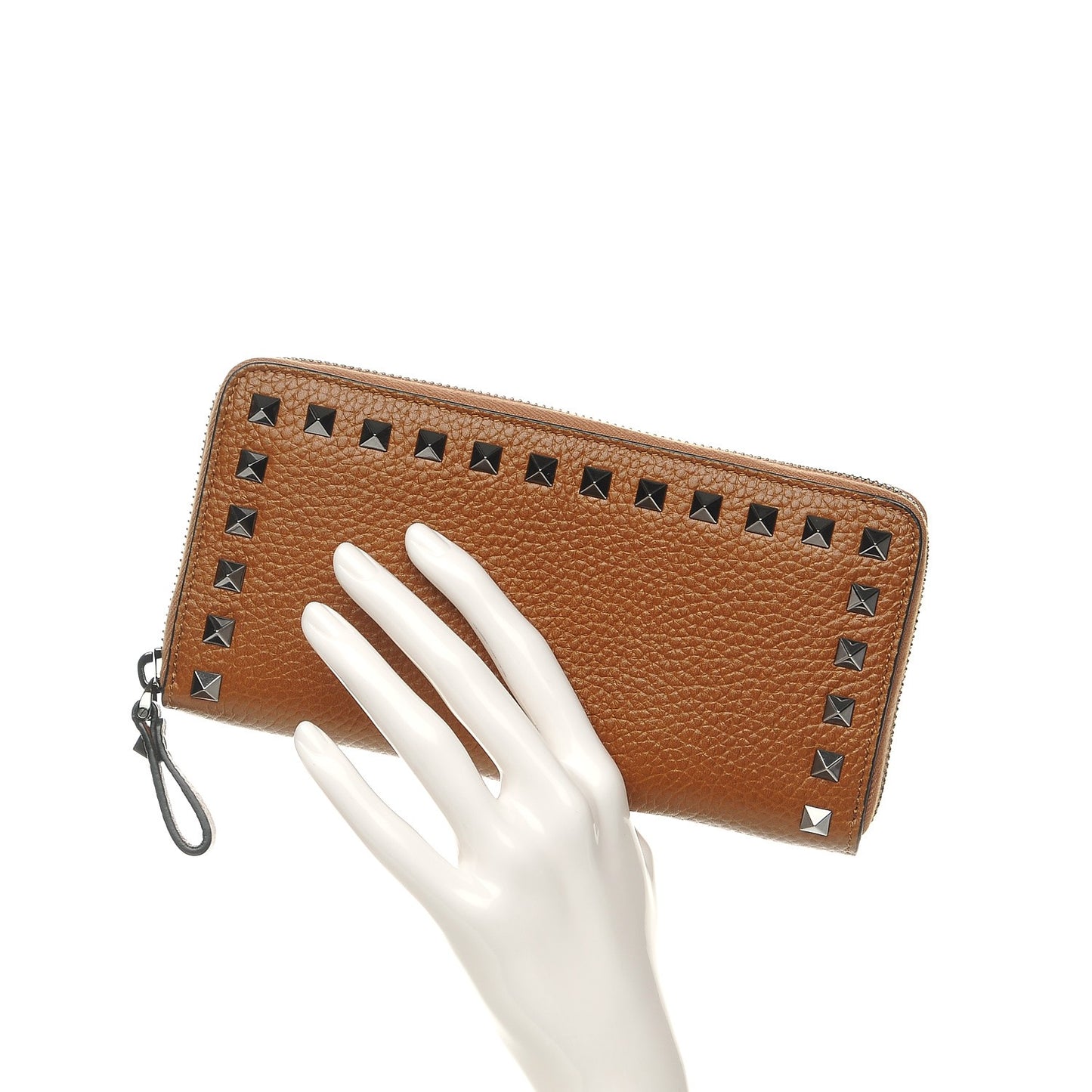 Grained Calfskin Rockstud Zip Around Wallet Bright Cognac