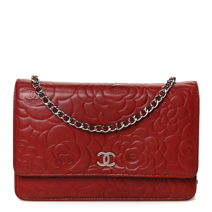 Chanel Lambskin Camellia Embossed Wallet on Chain WOC Red 1 of 11