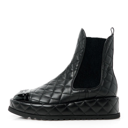 Chanel Lambskin Patent CC Cap Toe Quilted Short Platform Boots 37.5 Black 1 of 8