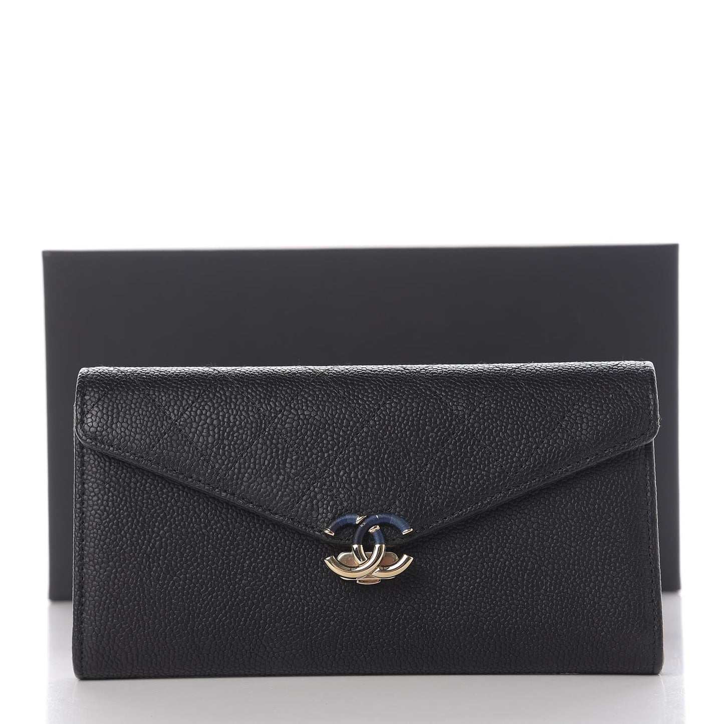 Caviar Quilted CC Box Gusset Flap Wallet Black Navy