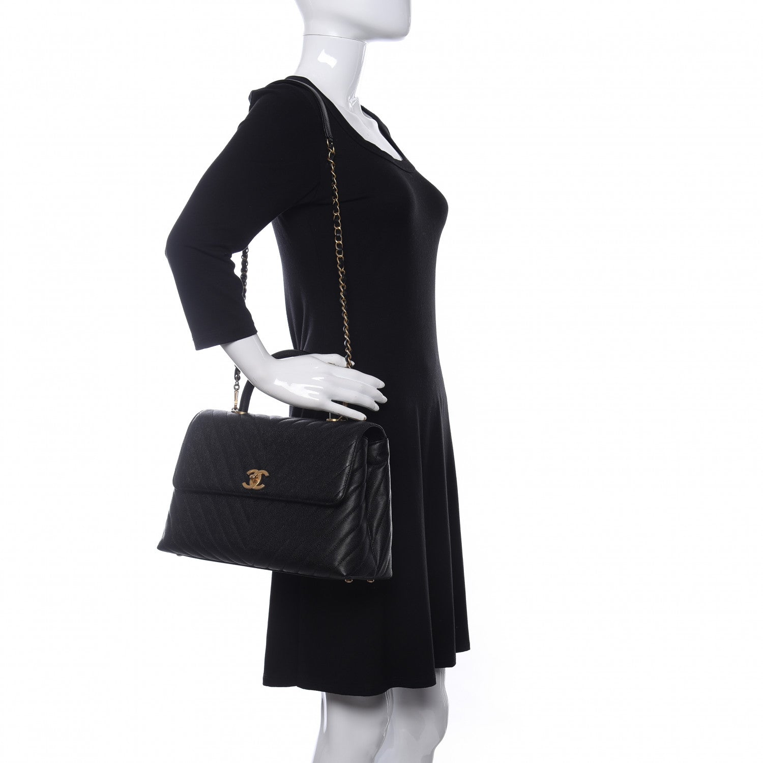 Chanel Caviar Chevron Quilted Medium Coco Handle Flap Black 4 of 19