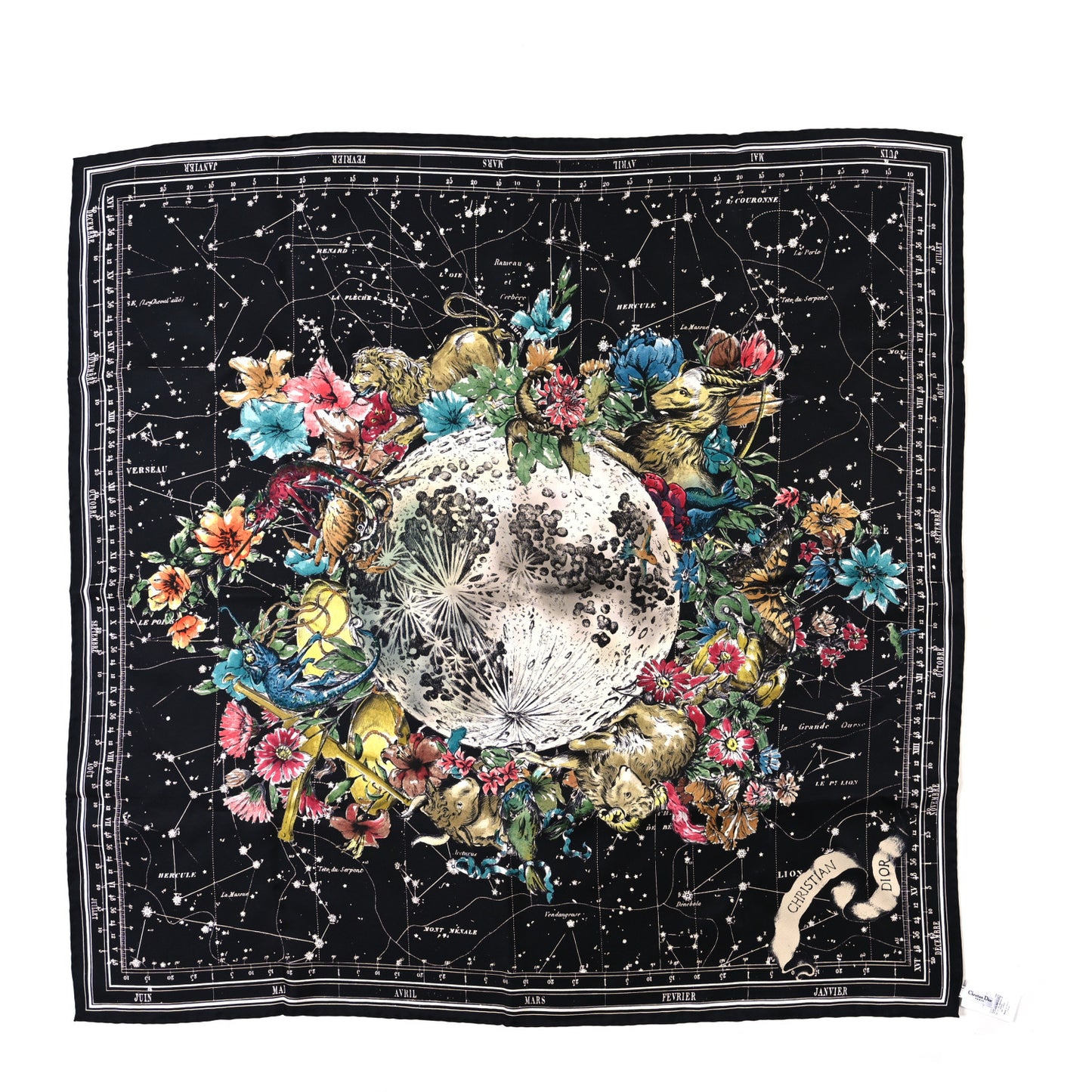 Silk Zodiac Print Square Scarf 90 Black Multicolor