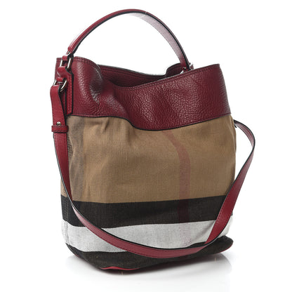 Burberry Grainy Calfskin Canvas Mega Check Medium Ashby Tassel Hobo Burgundy Red 3 of 10