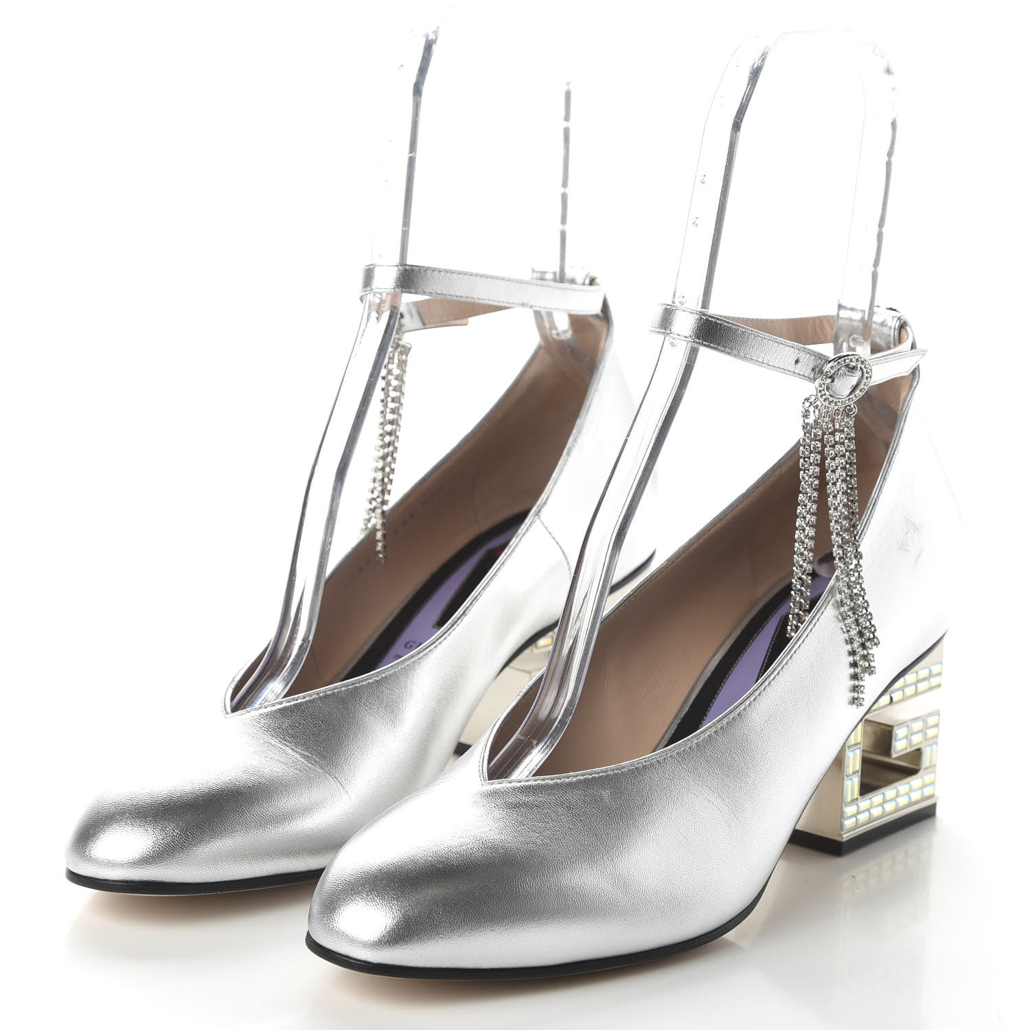 Gucci Metallic Nappa Crystal Square G Mid Heel Pumps 40.5 Silver 3 of 7