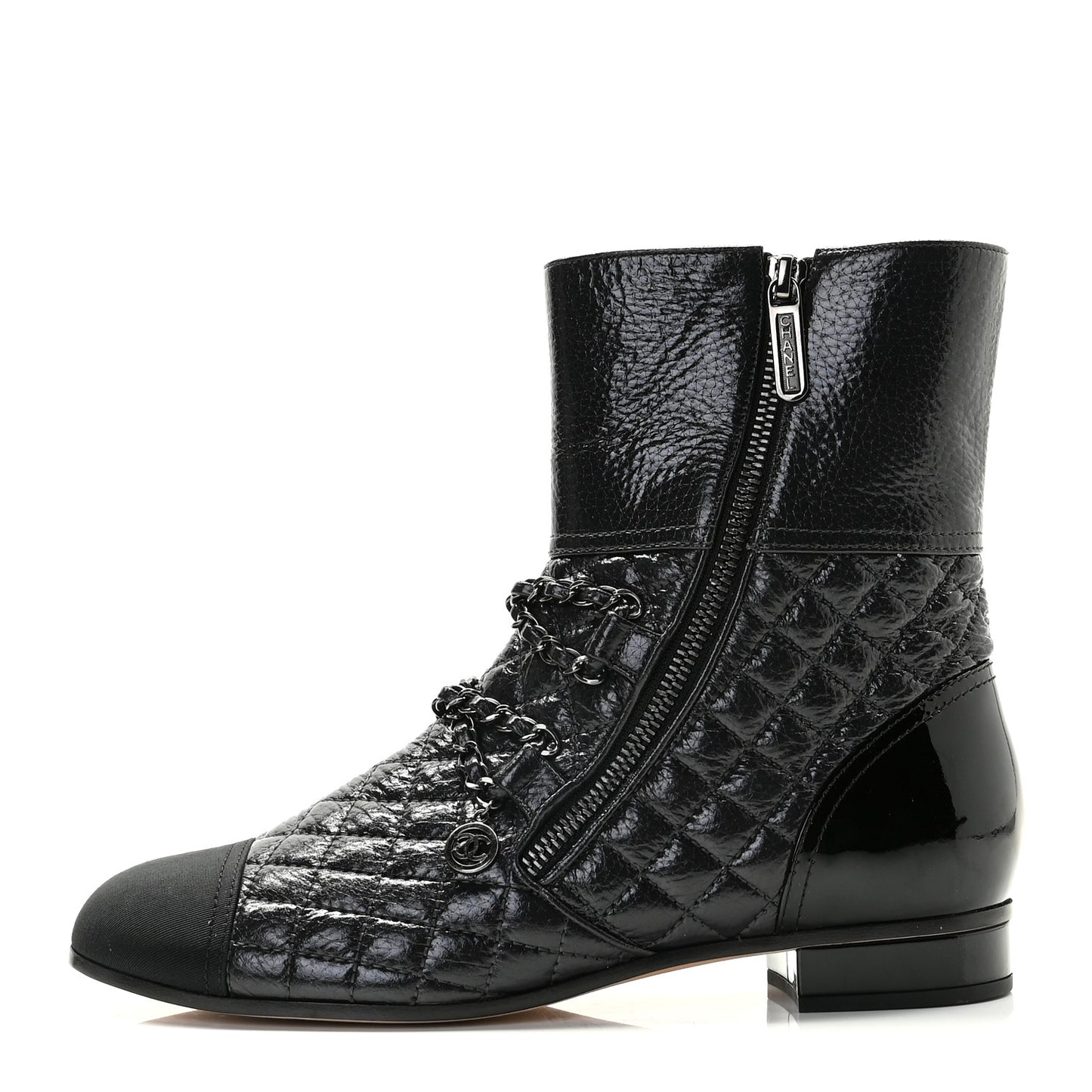 Glazed Deerskin Grosgrain Quilted Cap Toe Chain Boots 38.5 Grey Black