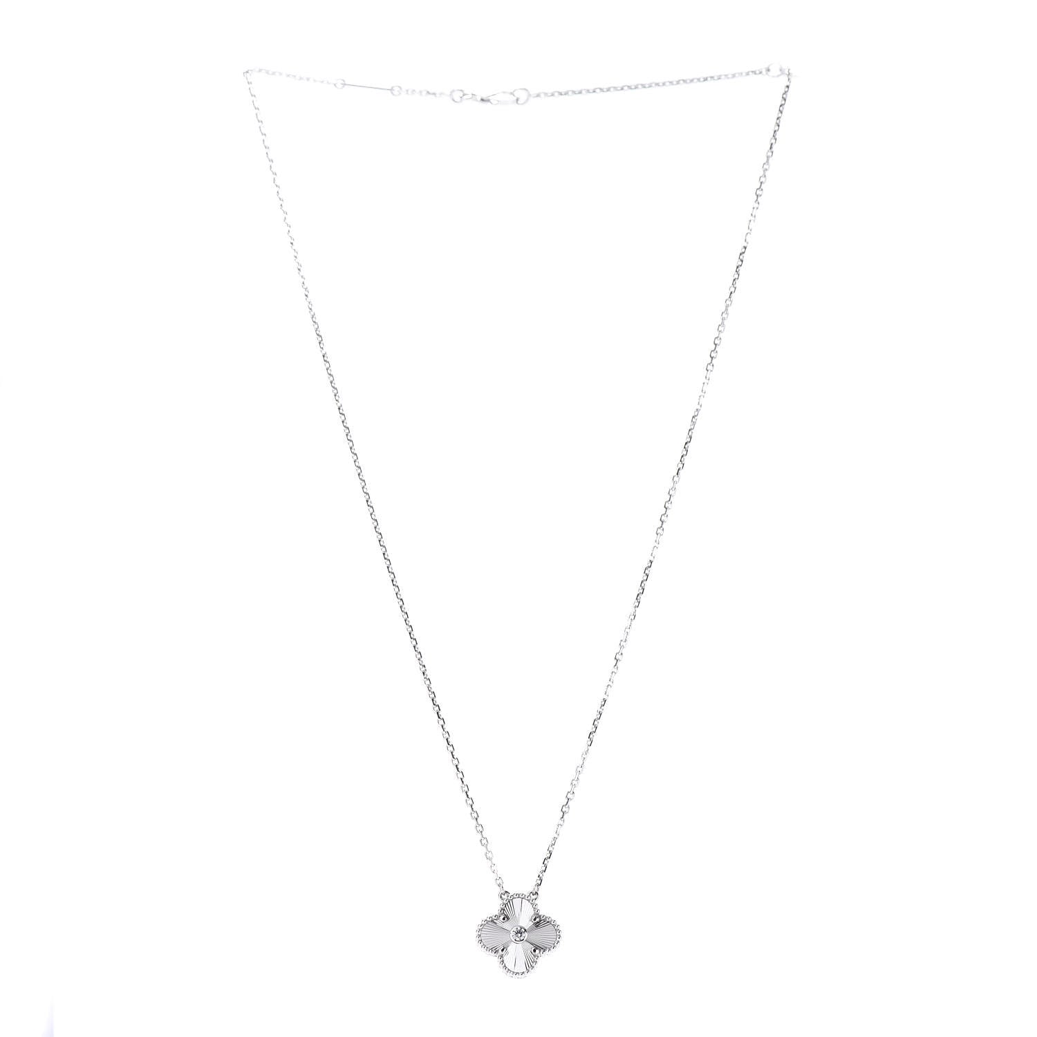 Van Cleef & Arpels 18K White Gold Diamond Guilloche Vintage Alhambra Pendant Necklace 3 of 6