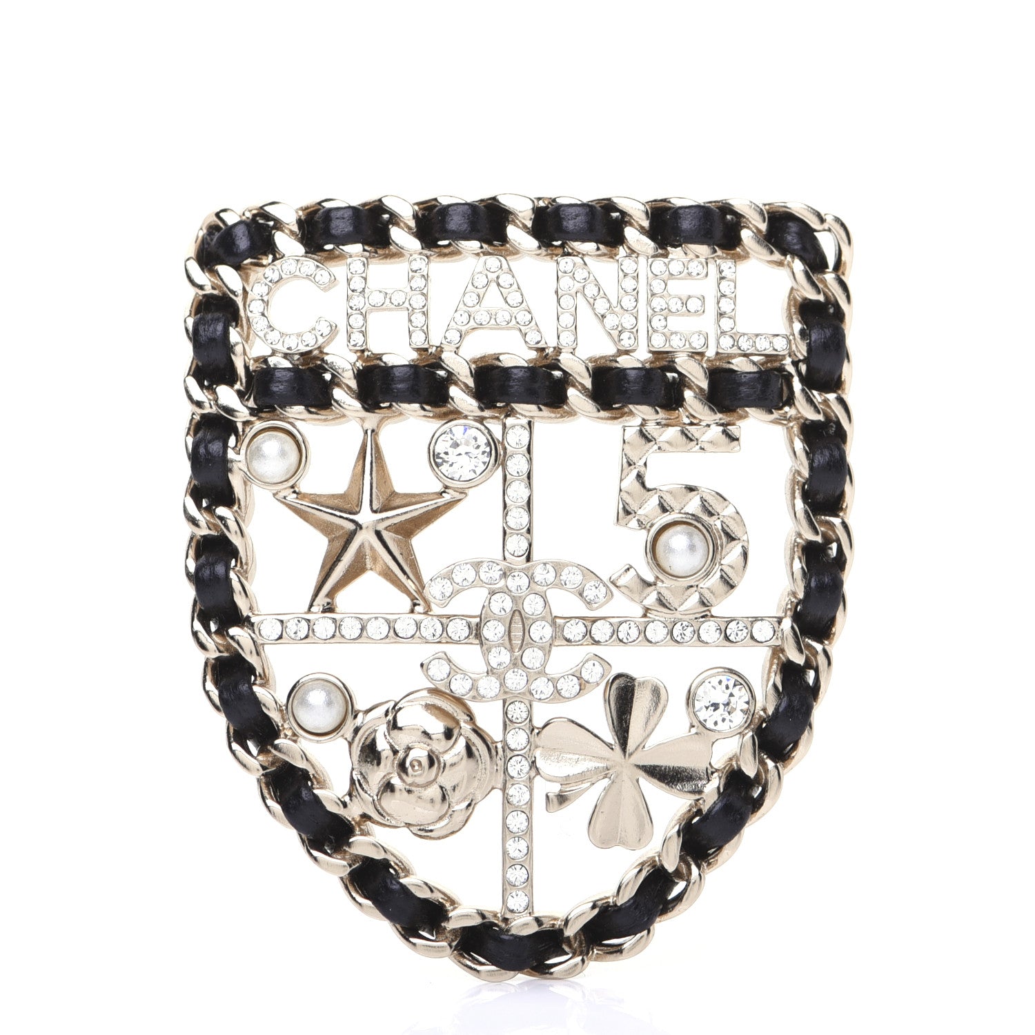 Chanel Lambskin Pearl Strass Sergeant Shield Brooch Gold 1 of 7