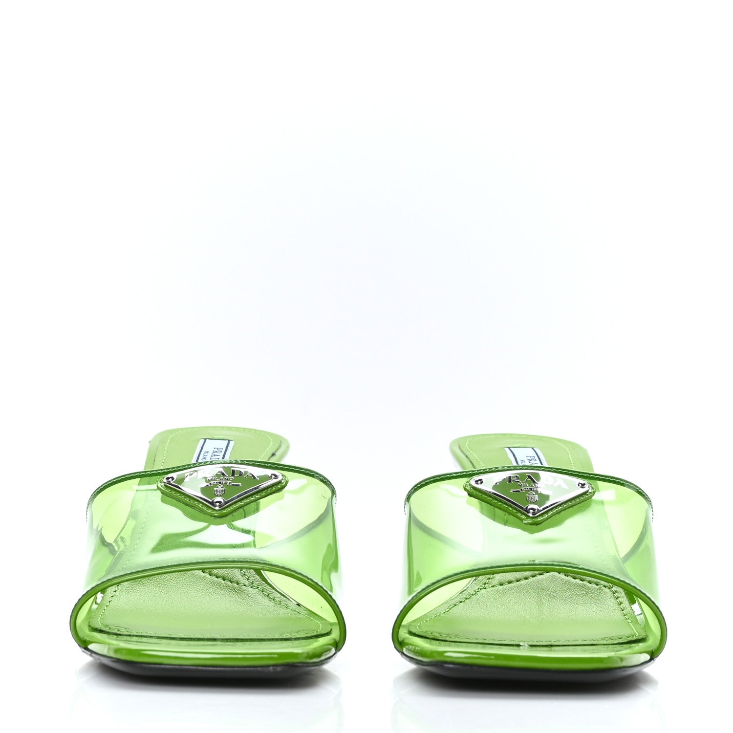 Prada Plexiglass Vernice Metal Triangle Logo 65mm Slide Sandals 38 Mela 2 of 7