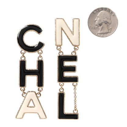 Chanel Metal Enamel Cha-Nel Logo Drop Earrings Black White 2 of 5