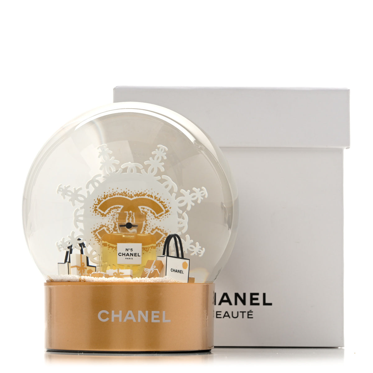 Glass CC Shopping Bag Snow Globe Gold