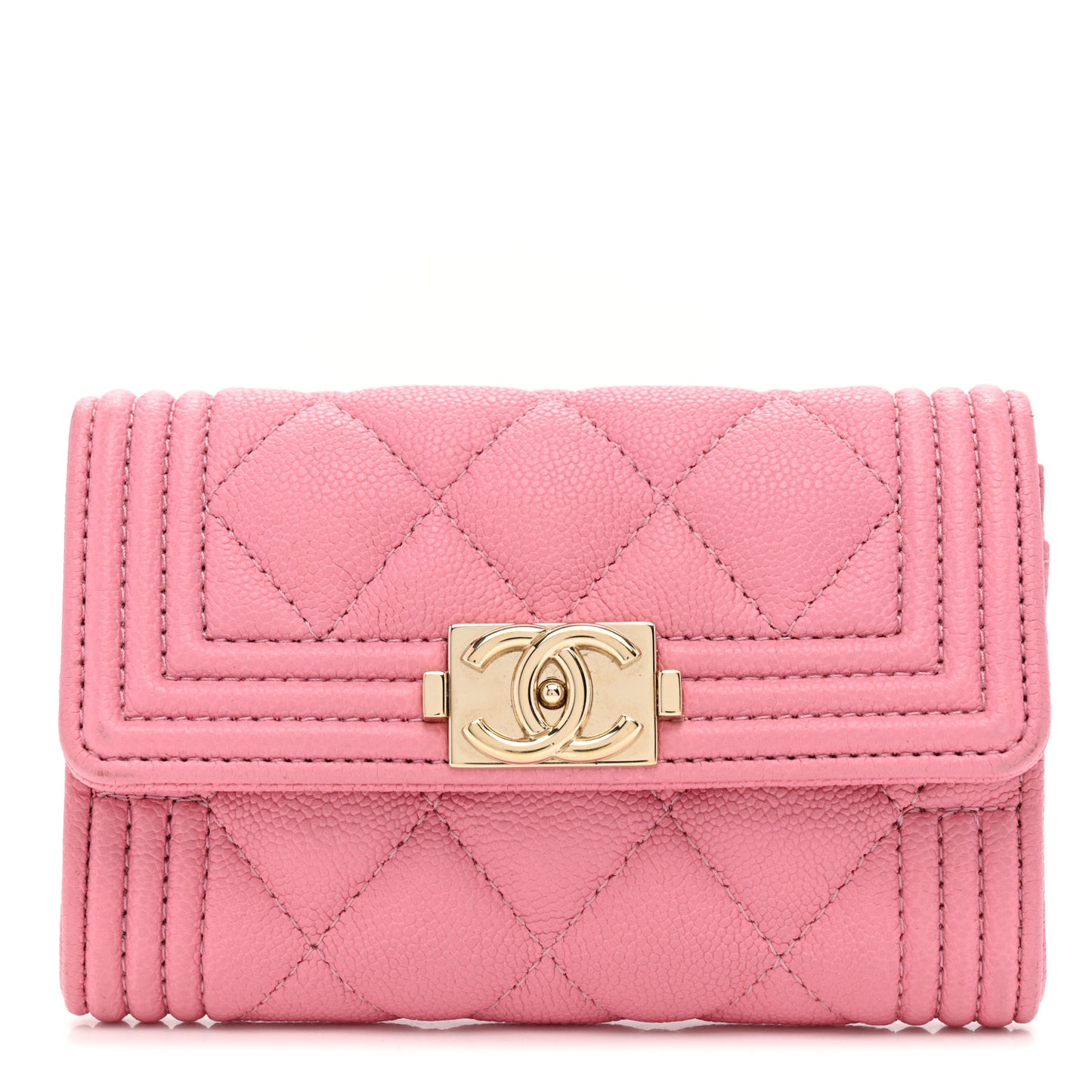 Caviar Quilted Boy Flap Card Holder Wallet Light Pink