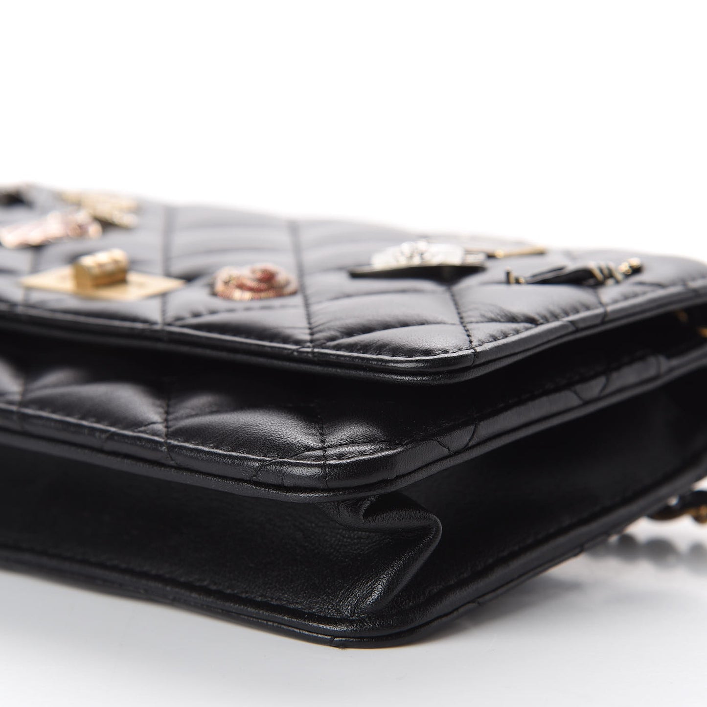 Aged Calfskin Quilted Lucky Charms 2.55 Reissue Wallet On Chain WOC Black