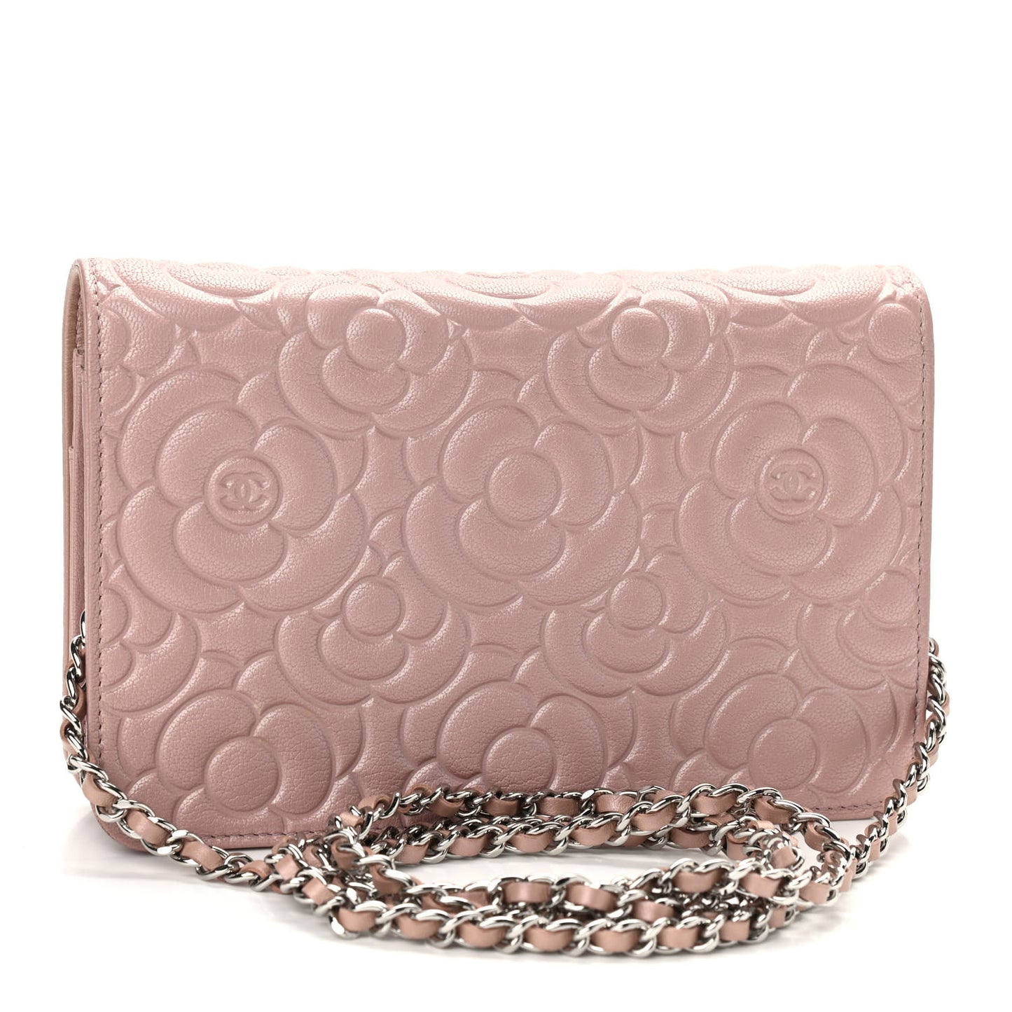 Goatskin Camellia Embossed Wallet On Chain WOC Light Pink