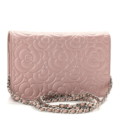 Chanel Goatskin Camellia Embossed Wallet On Chain WOC Light Pink 2 of 9