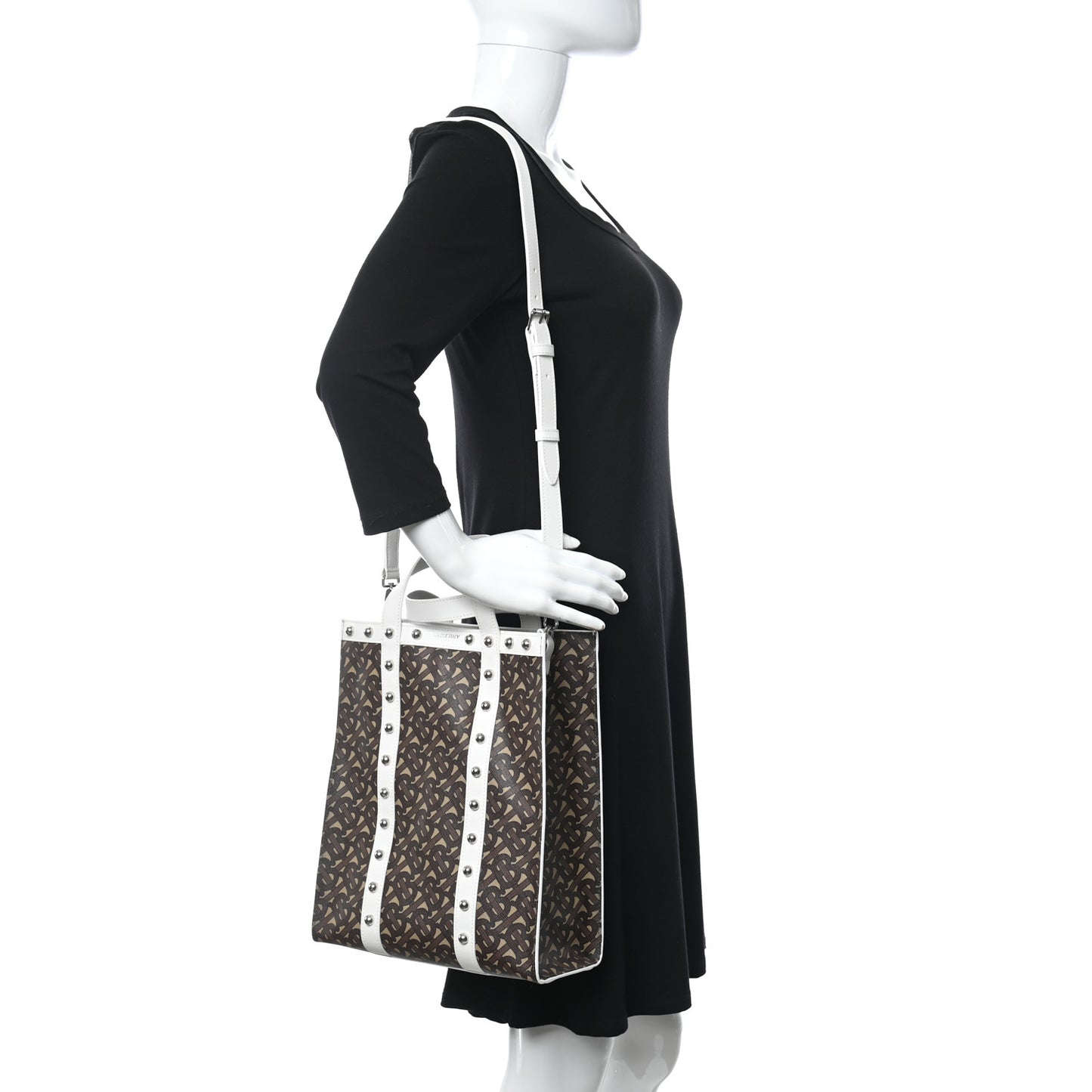 E-Canvas Monogram Studded Small Portrait Tote Bag White