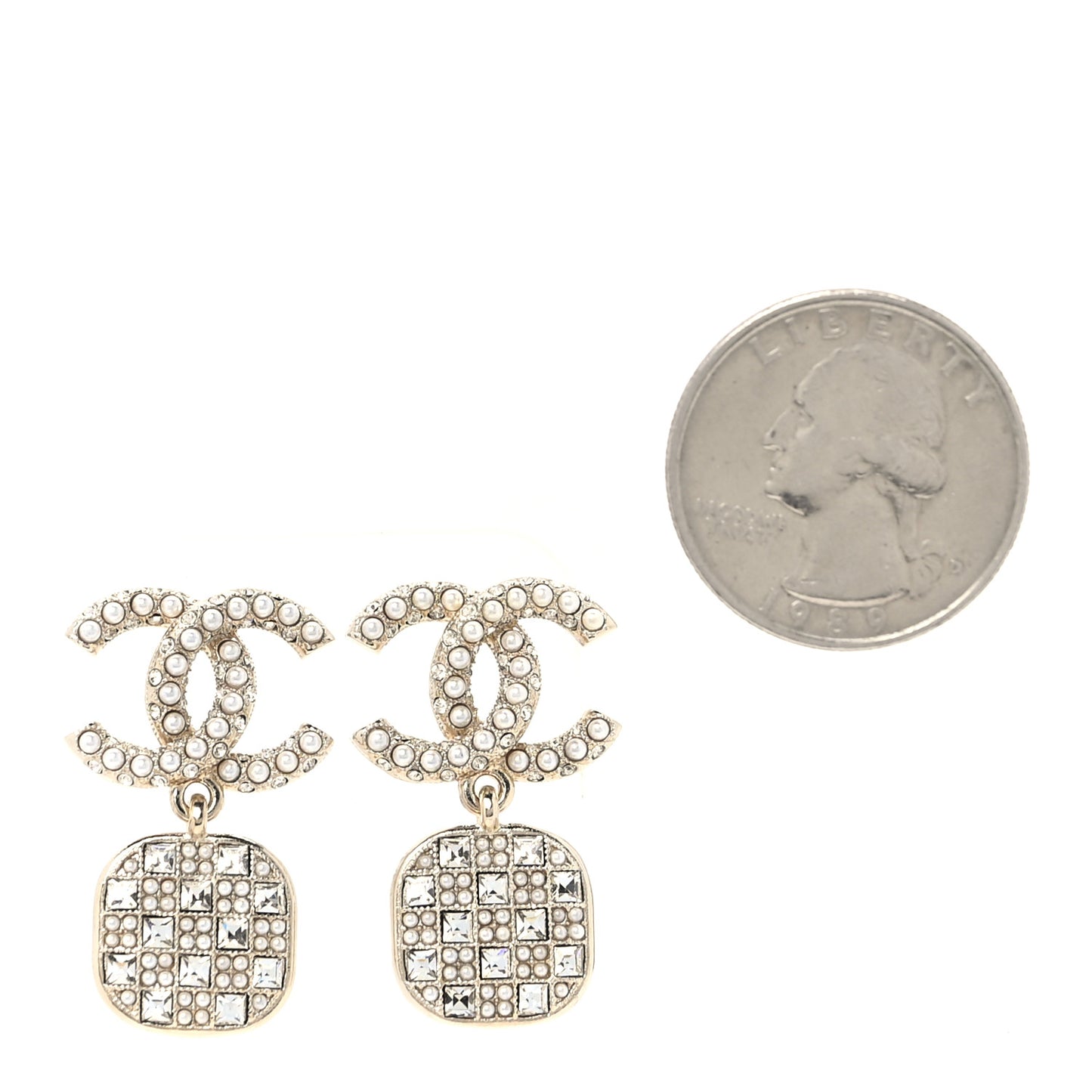 Pearl Baguette Crystal CC Drop Earrings Gold