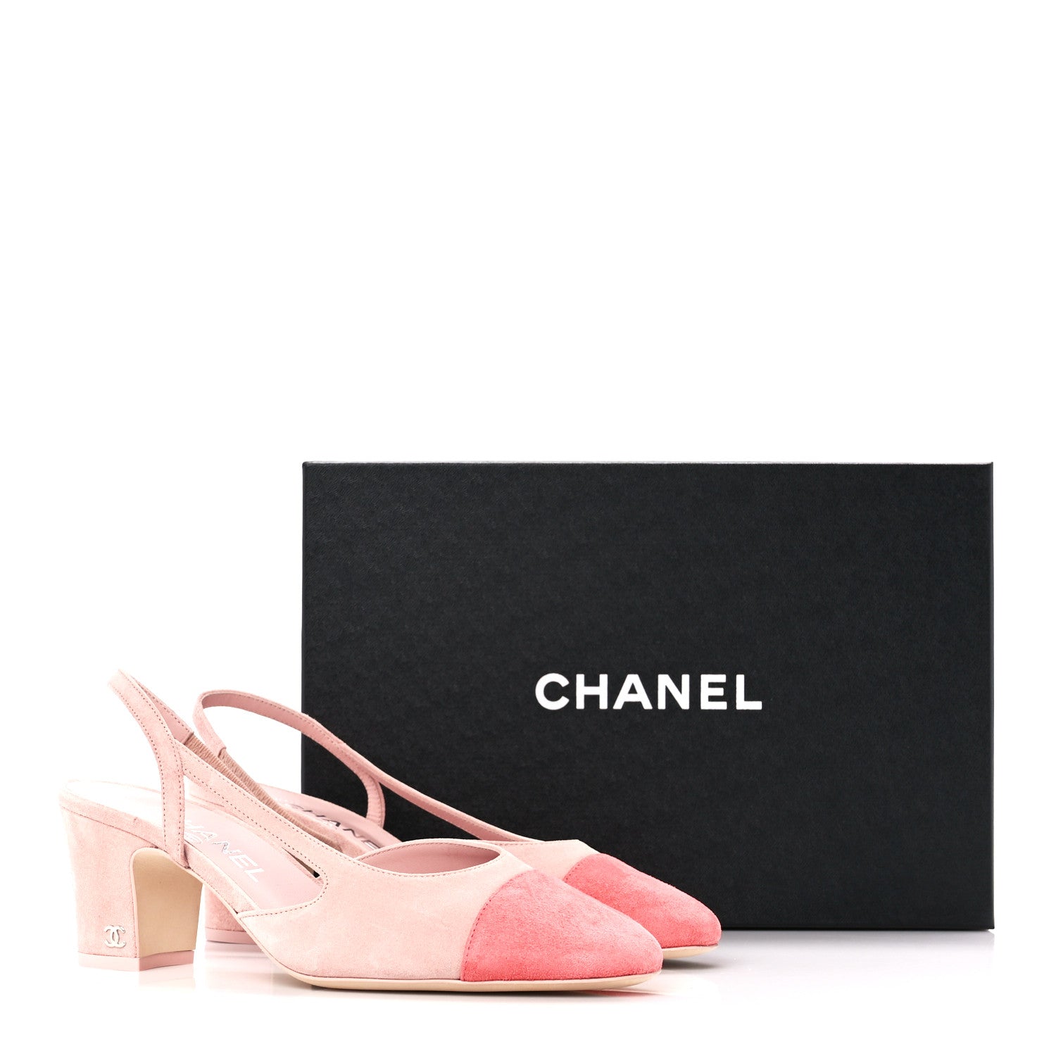 Chanel Suede Cap Toe CC Slingback Pumps 37 Light Pink Coral