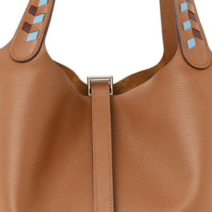 Hermes Epsom Tressage De Cuir Picotin Lock 22 MM Gold Bleu du Nord Rouge H 8 of 12