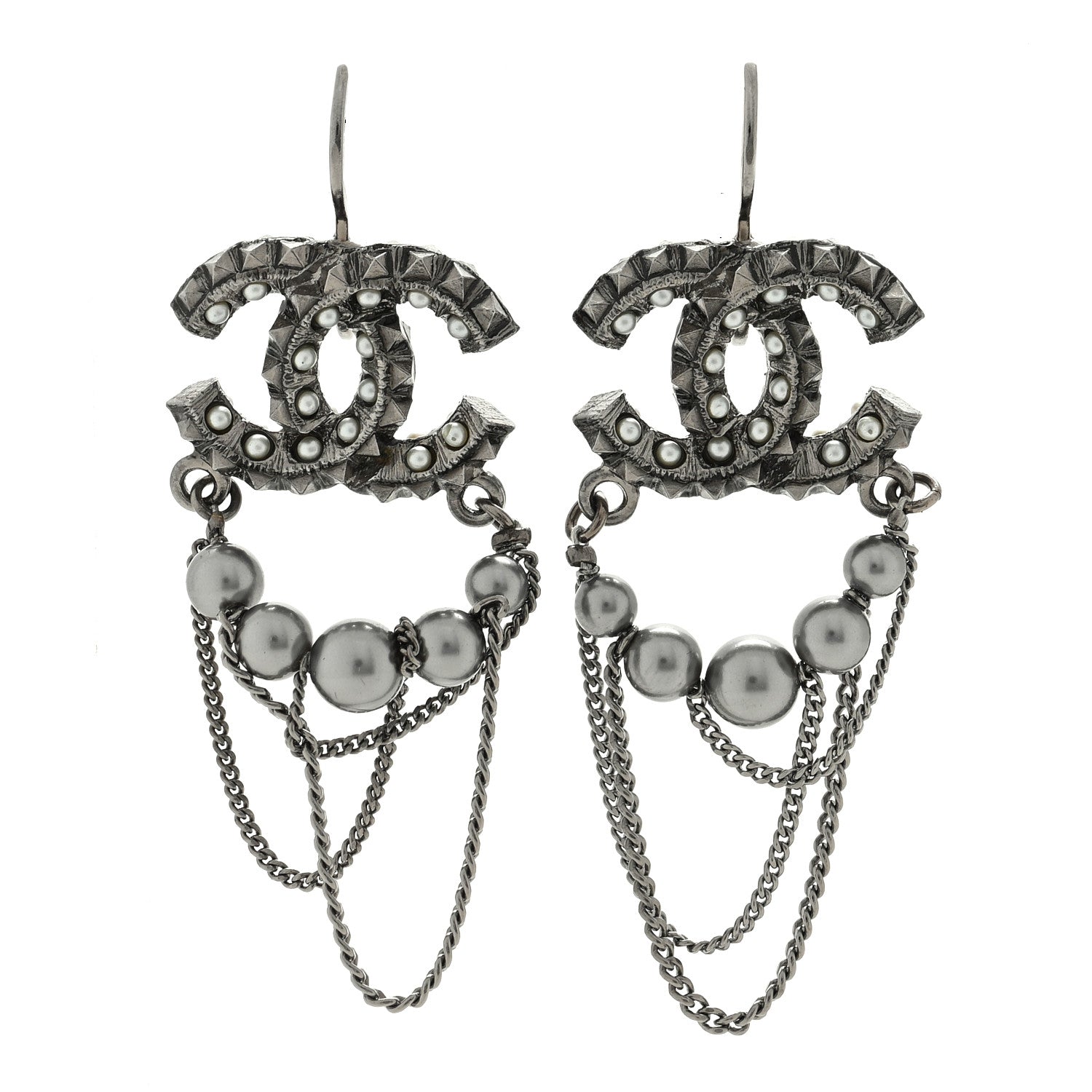 Chanel Ruthenium Spike Beaded CC Drop Earrings Grey 1 of 4