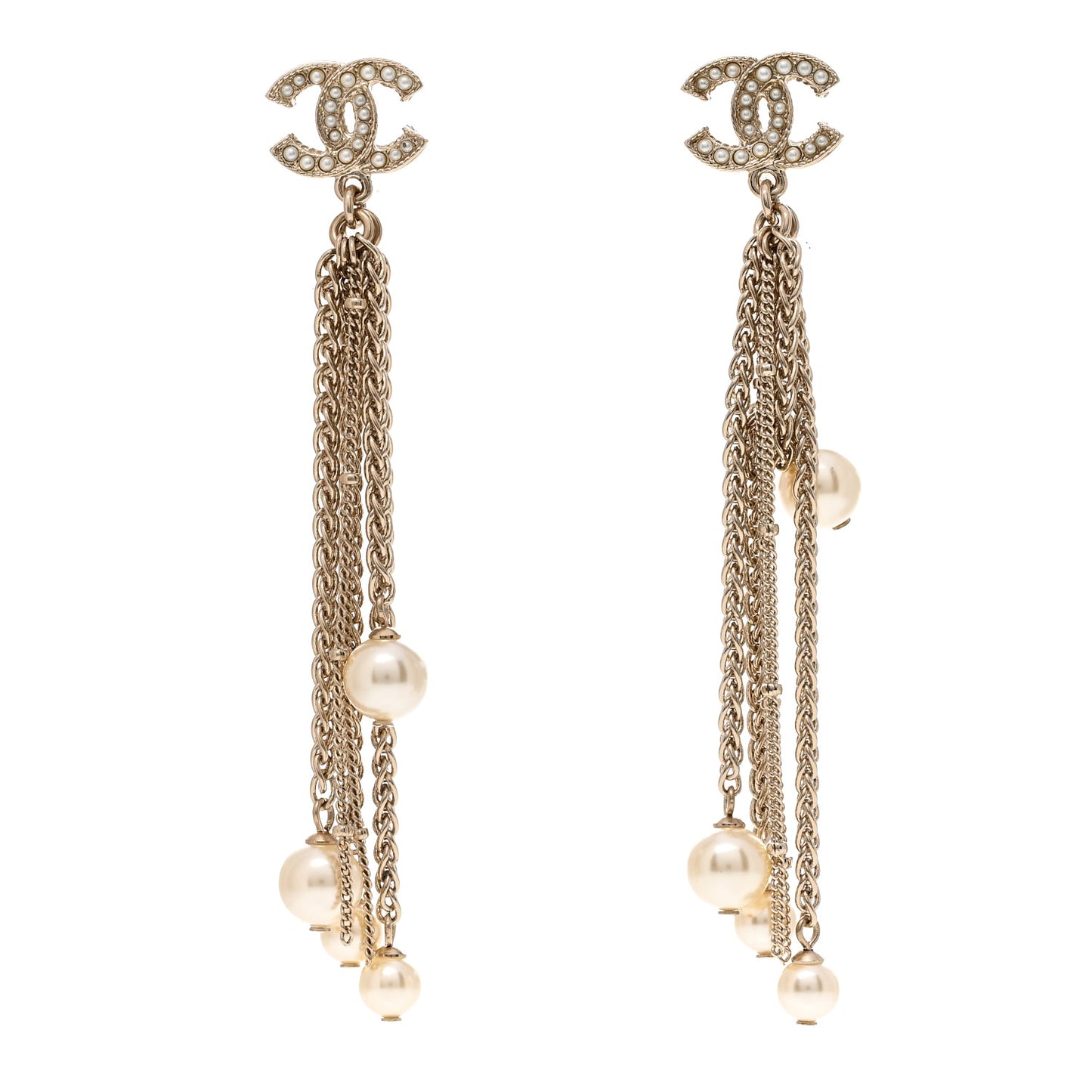 Pearl Chain CC Dangle Earrings Gold