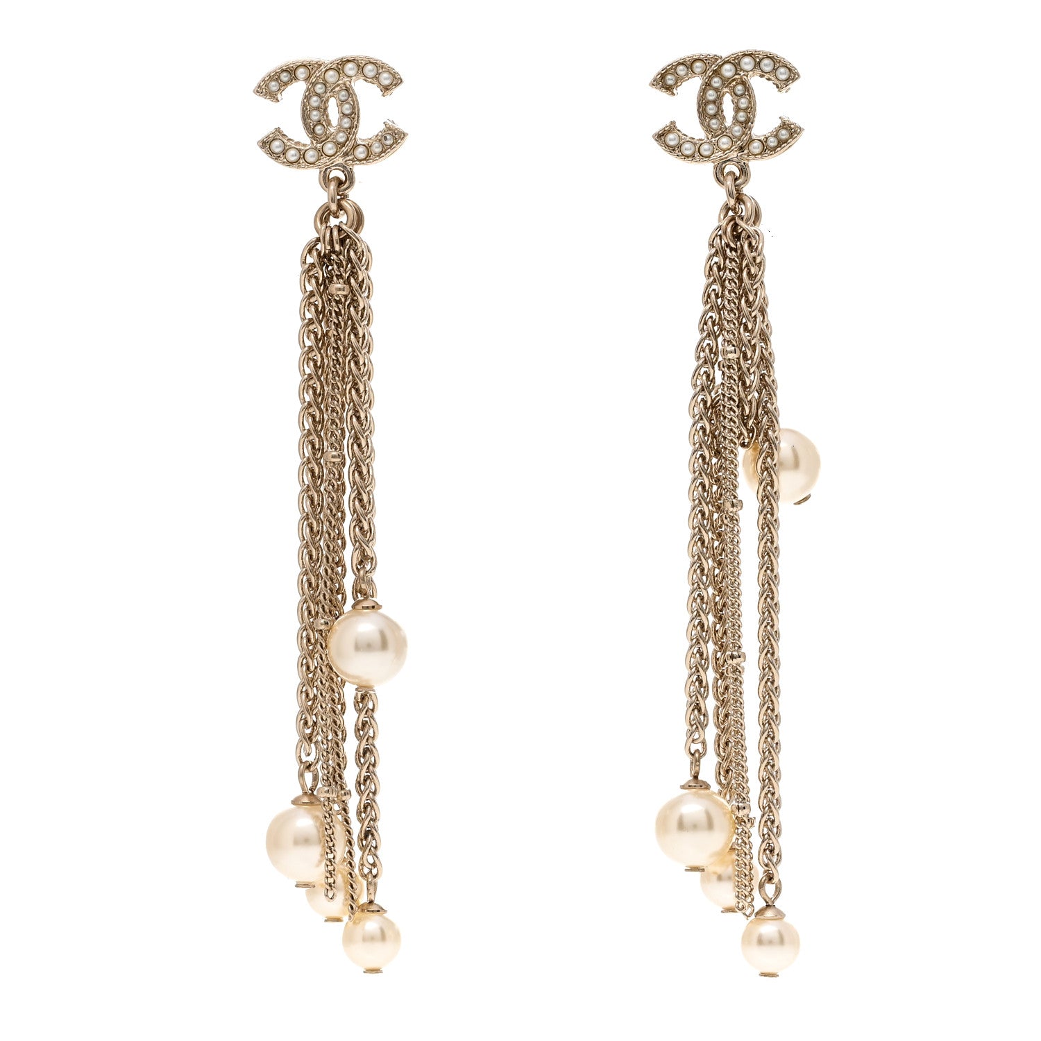Chanel Pearl Chain CC Dangle Earrings Gold 1 of 4