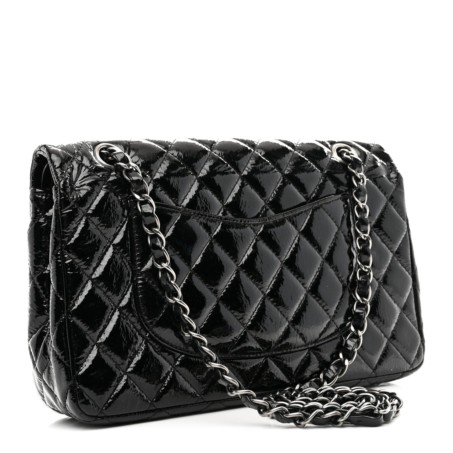 Distressed Patent Quilted Medium Double Flap Black