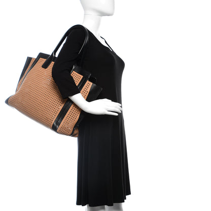 Chloe Sheepskin Perforated Alison East West Tote Tan Black 2 of 18