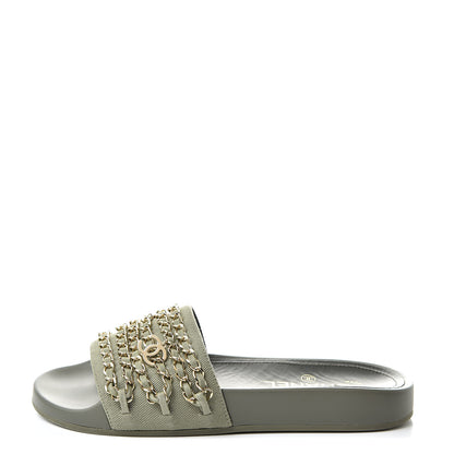 Chanel Canvas Chain Flat Sandals 37 Khaki 1 of 8
