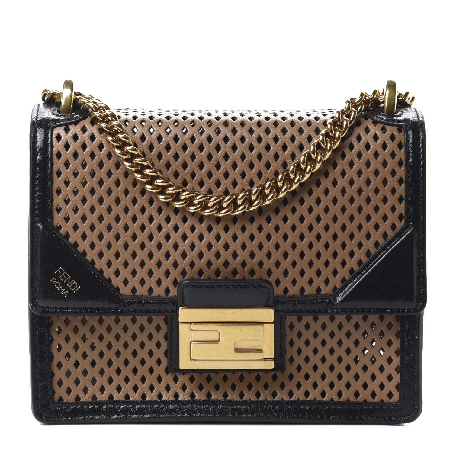 Fendi Vitello Liberty Glossy Lambskin Perforated Small Kan U Shoulder Bag Sand Mimosa Black 1 of 9
