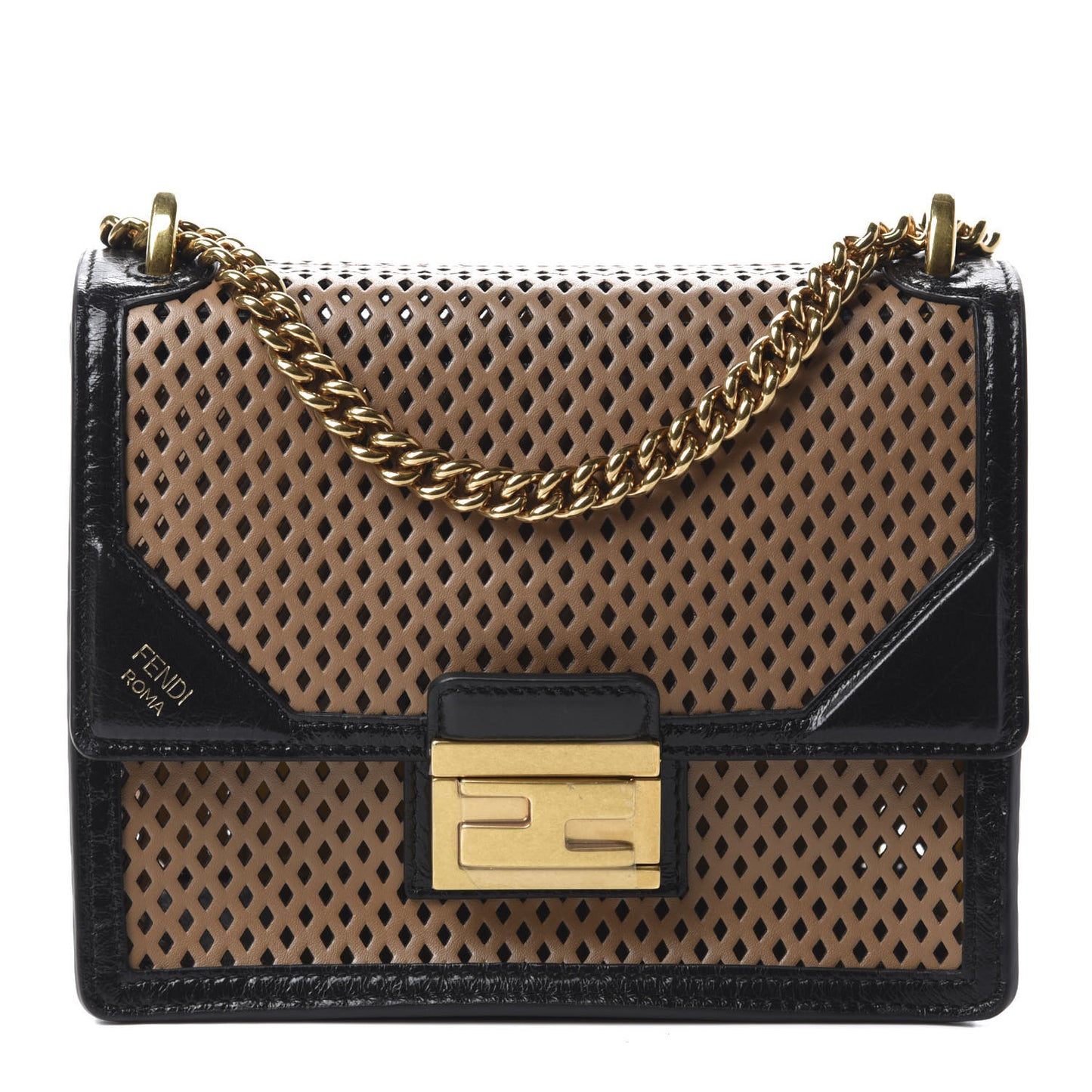 Vitello Liberty Glossy Lambskin Perforated Small Kan U Shoulder Bag Sand Mimosa Black