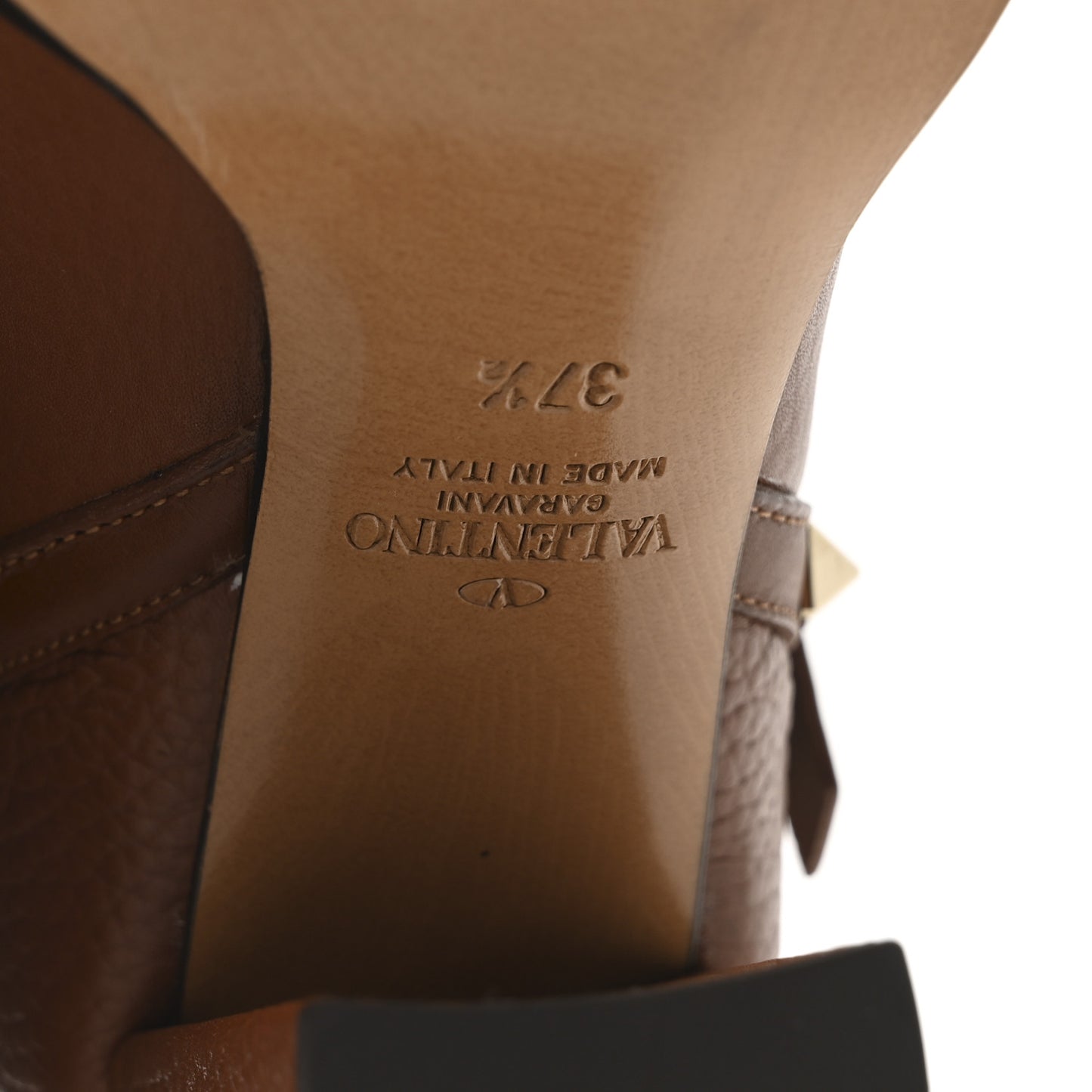 Pebbled Calfskin Rockstud Double Buckle 70mm Block Heel Ankle Boots 37.5 Bright Cognac