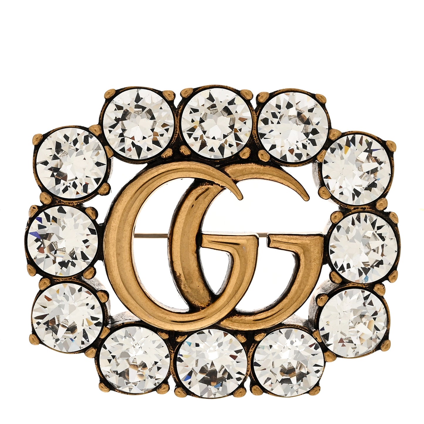 Metal Crystal Double G Brooch Aged Gold